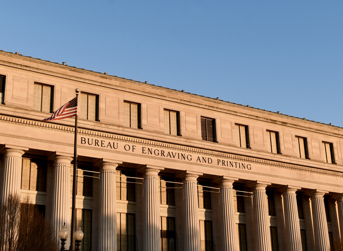 The facade of the Bureau of Engraving and Printing building in Washington, DC